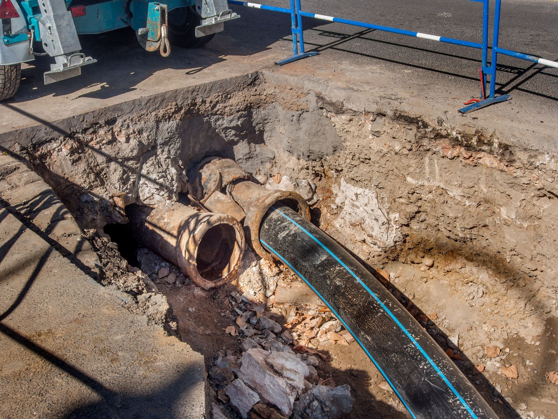 Expert technicians using advanced equipment for a sewer line replacement project.