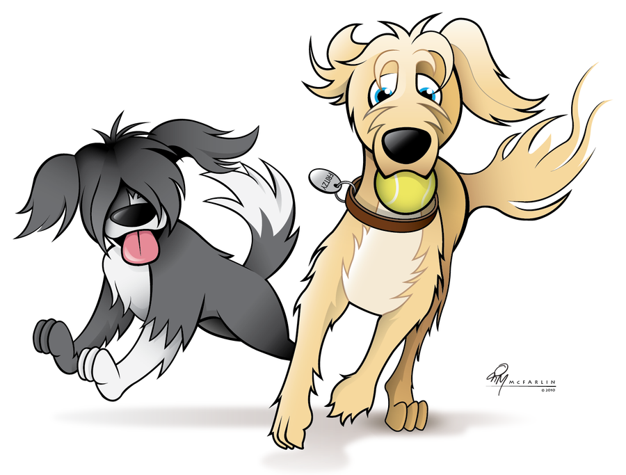 Cartoon of a black dog and a tan dog running playfully, tongues out, on a white background