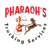 Pharaoh’s Trucking Services logo with red text and an Egyptian chariot scene with a horse and archer