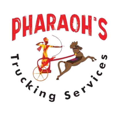 Pharaoh’s Trucking Services logo with red text and an Egyptian chariot scene with a horse and archer