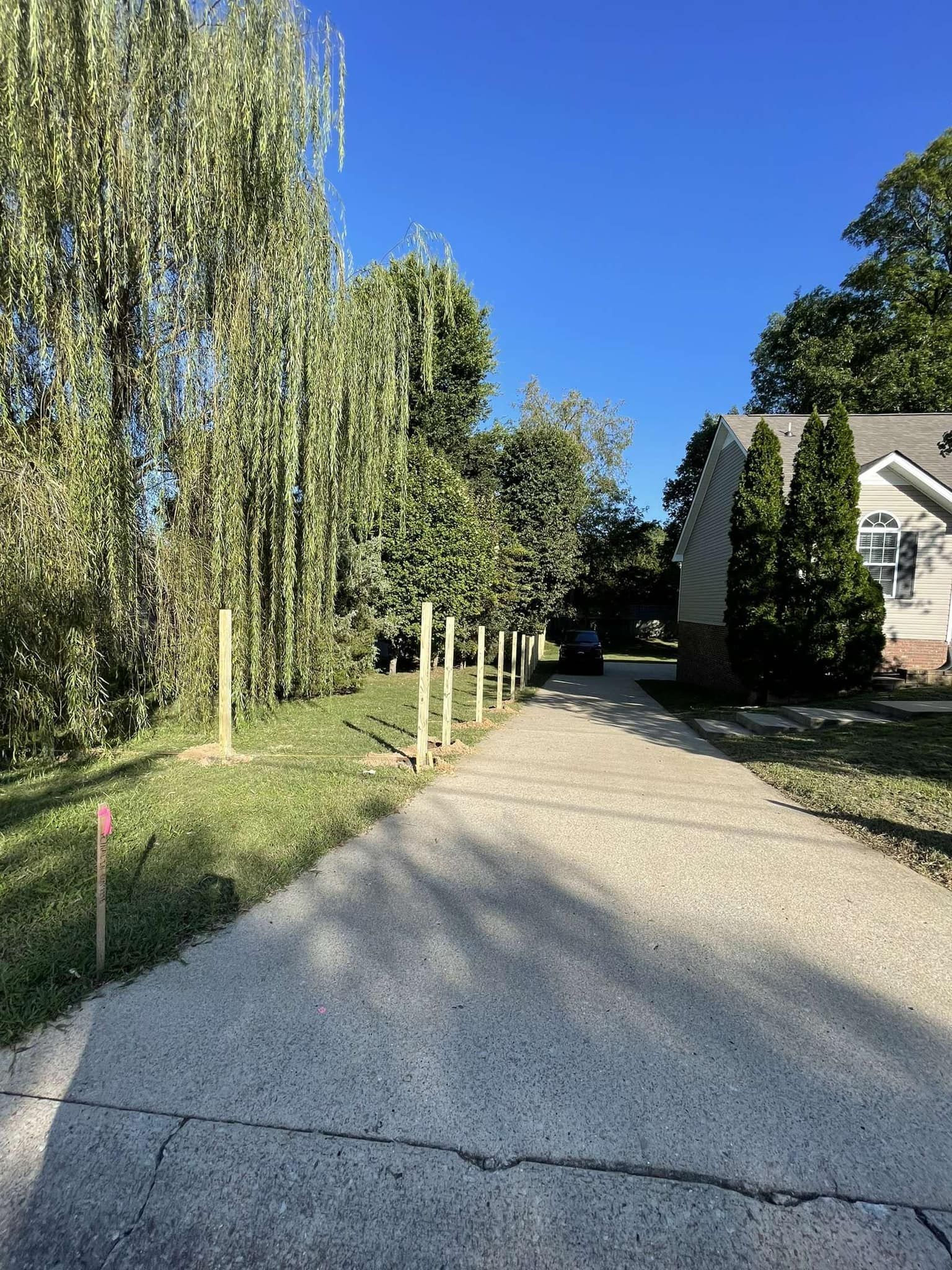 A driveway leading to a house with trees on both sides