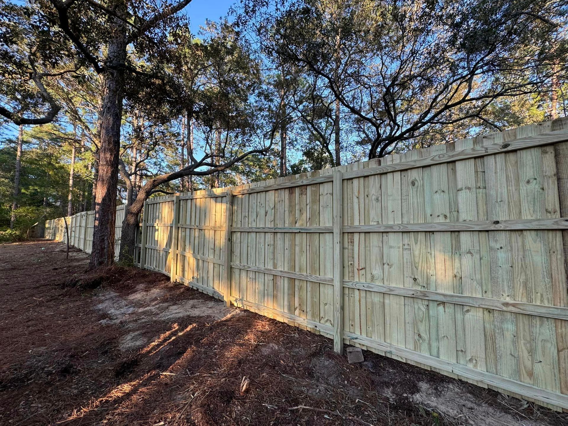 A wooden fence is surrounded by trees in a forest.
