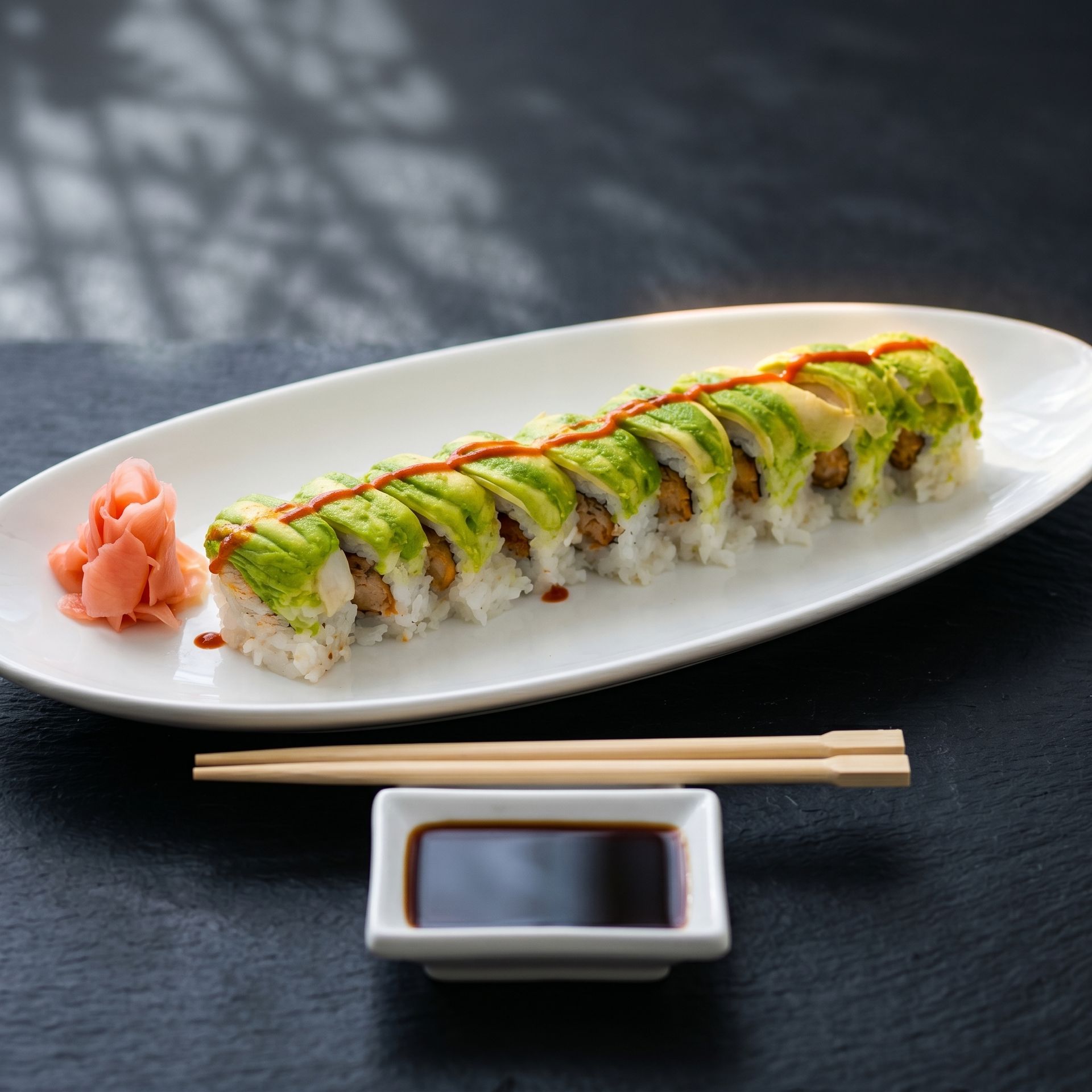 Sushi roll topped with avocado on a white plate, with chopsticks, soy sauce, and pickled ginger
