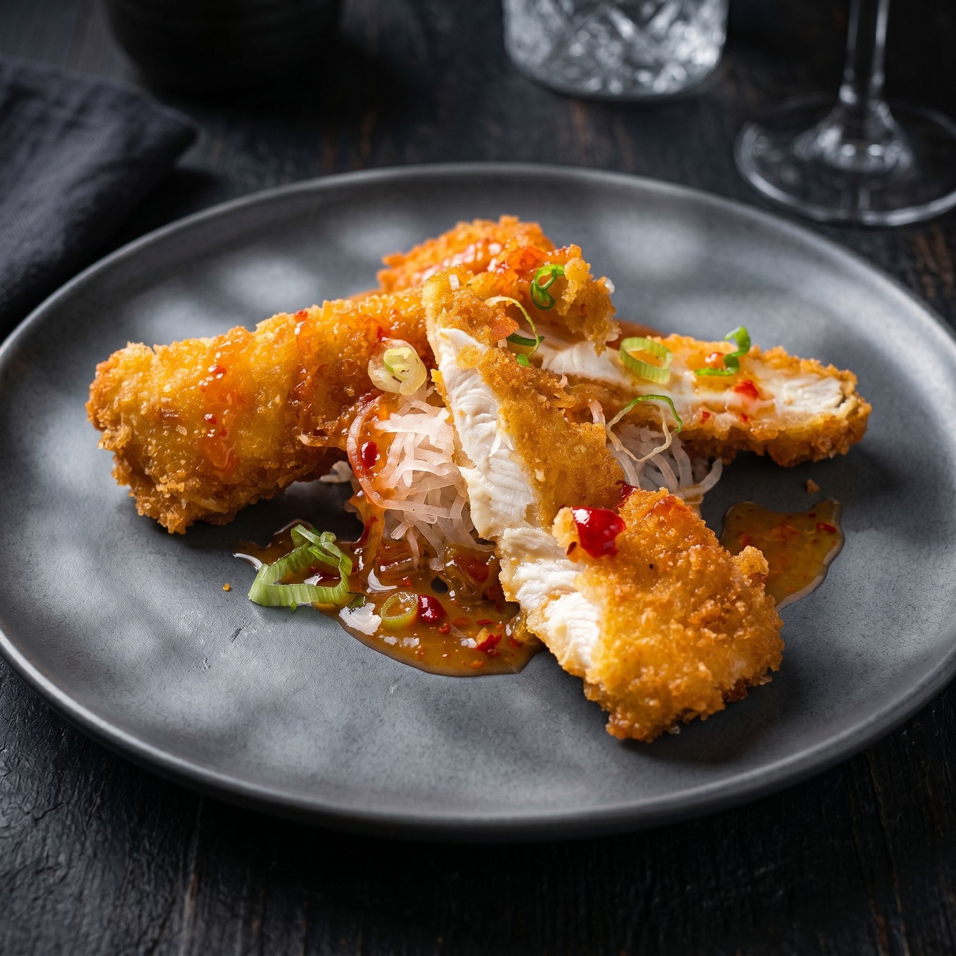 Golden fried chicken pieces with sauce and herbs on a dark plate, served on a black table.