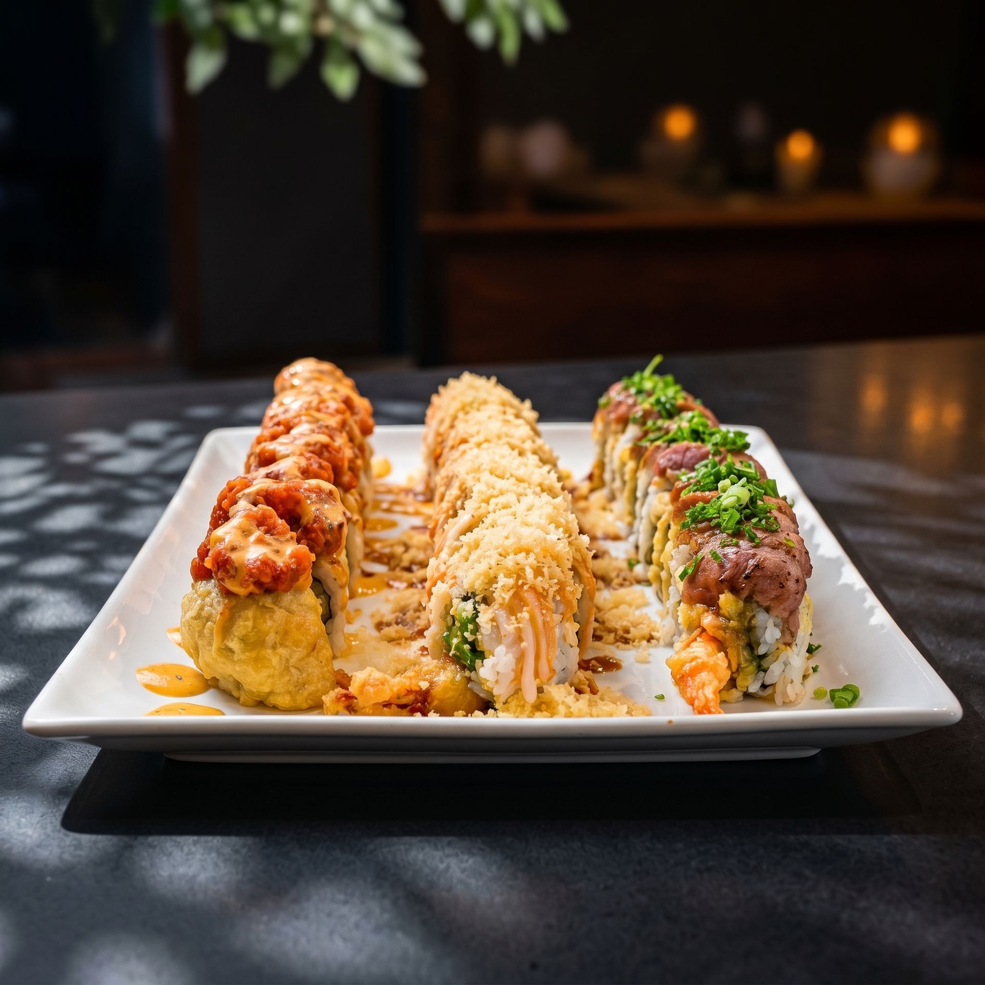 Three assorted sushi rolls on a white plate, topped with sauces and garnishes on a dark table.