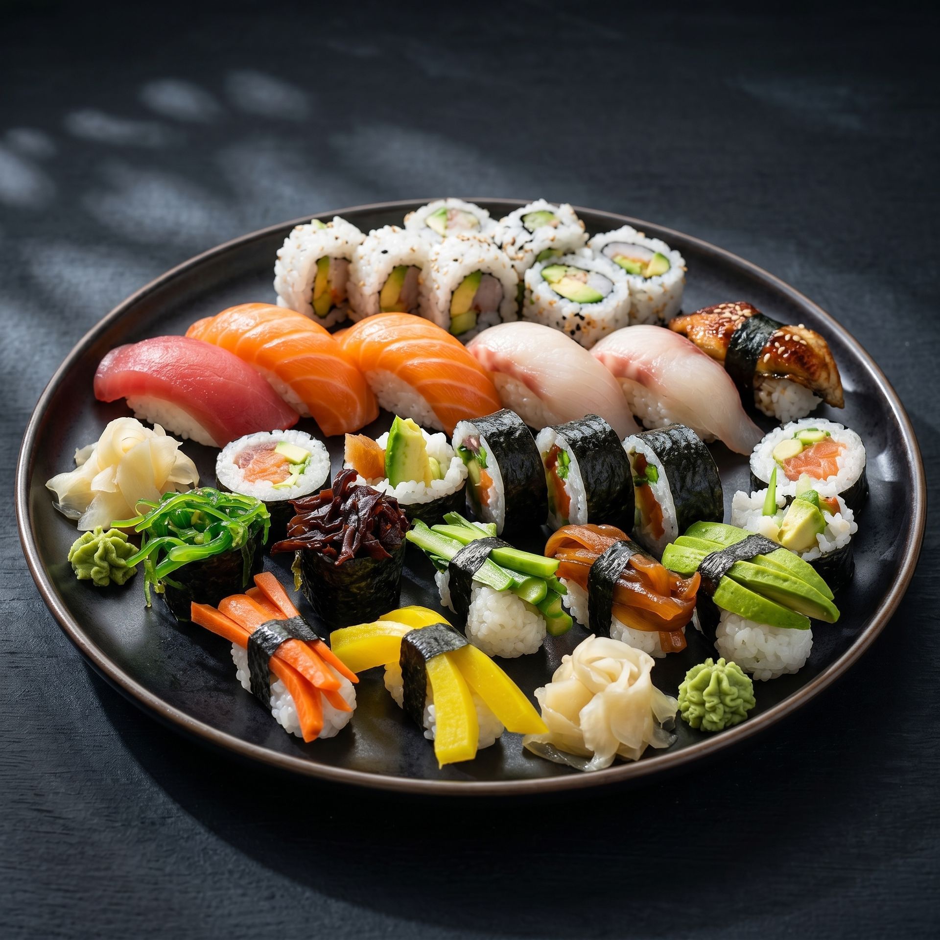 Assorted sushi platter on a black plate with nigiri, rolls, and garnishes on a dark table.