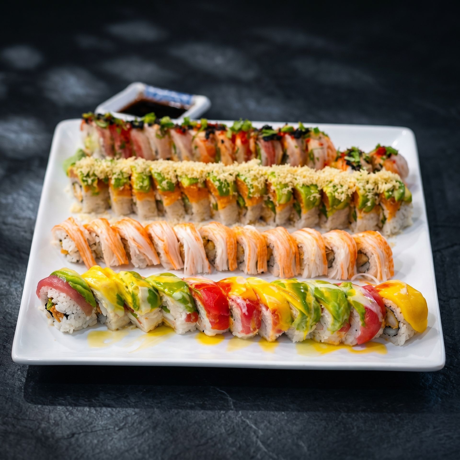 Assorted colorful sushi rolls arranged on a white square platter