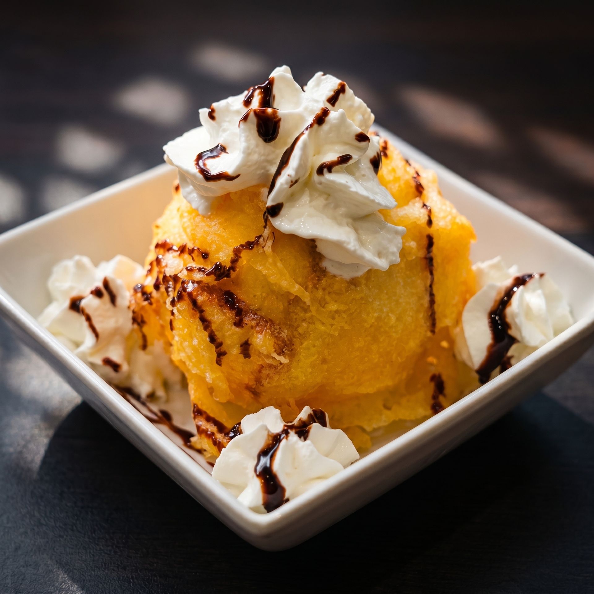 Mango shaved ice topped with whipped cream and chocolate drizzle in a white square bowl