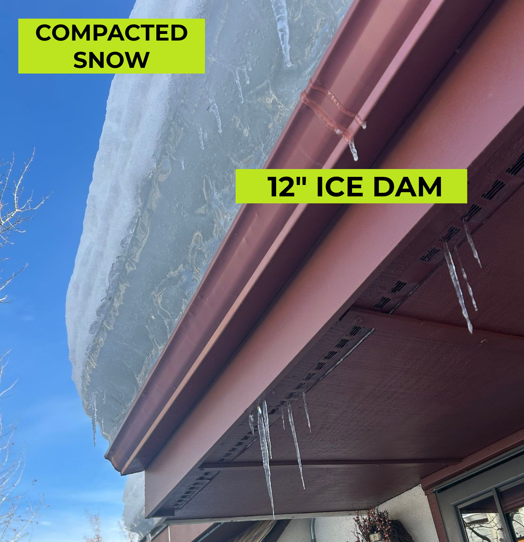 Multiple snow events equal 4-5 feet of snow on a rooftop. The snow is compacted and very heavy which is testing the limits of the roof load capacity. A 12 inch ice dam has formed due to the pressure and the freeze thaw cycle that comes with warmer daytime temperatures. Ice dams are difficult to remove and cause roof leaks into the interior of buildings and homes. 