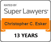 The logo for super lawyers is rated by christopher c. esker for 10 years.