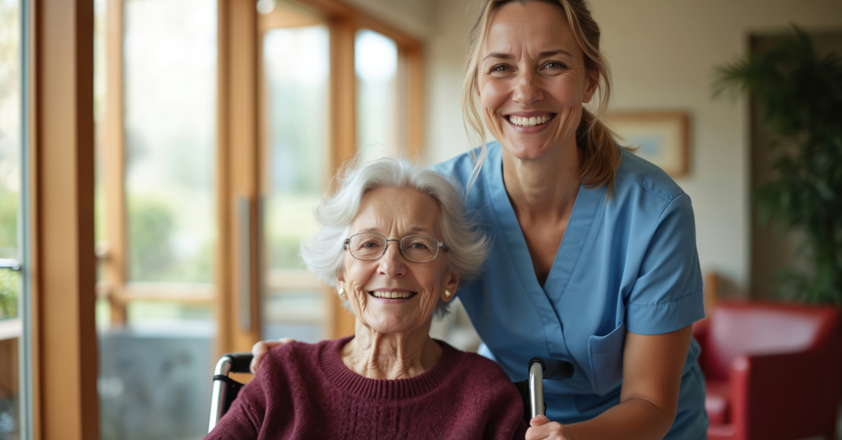 Young woman helps elderly person with cane walk down a street.