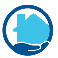 Logo for Blue Sky Custom Living: house inside a hand in a blue circle, text