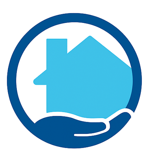 Logo for Blue Sky Custom Living: house inside a hand in a blue circle, text 