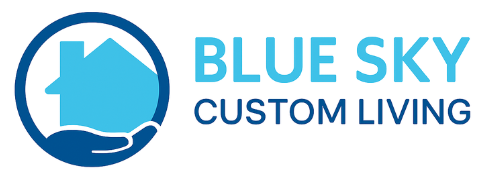 Logo for Blue Sky Custom Living: house inside a hand in a blue circle, text 