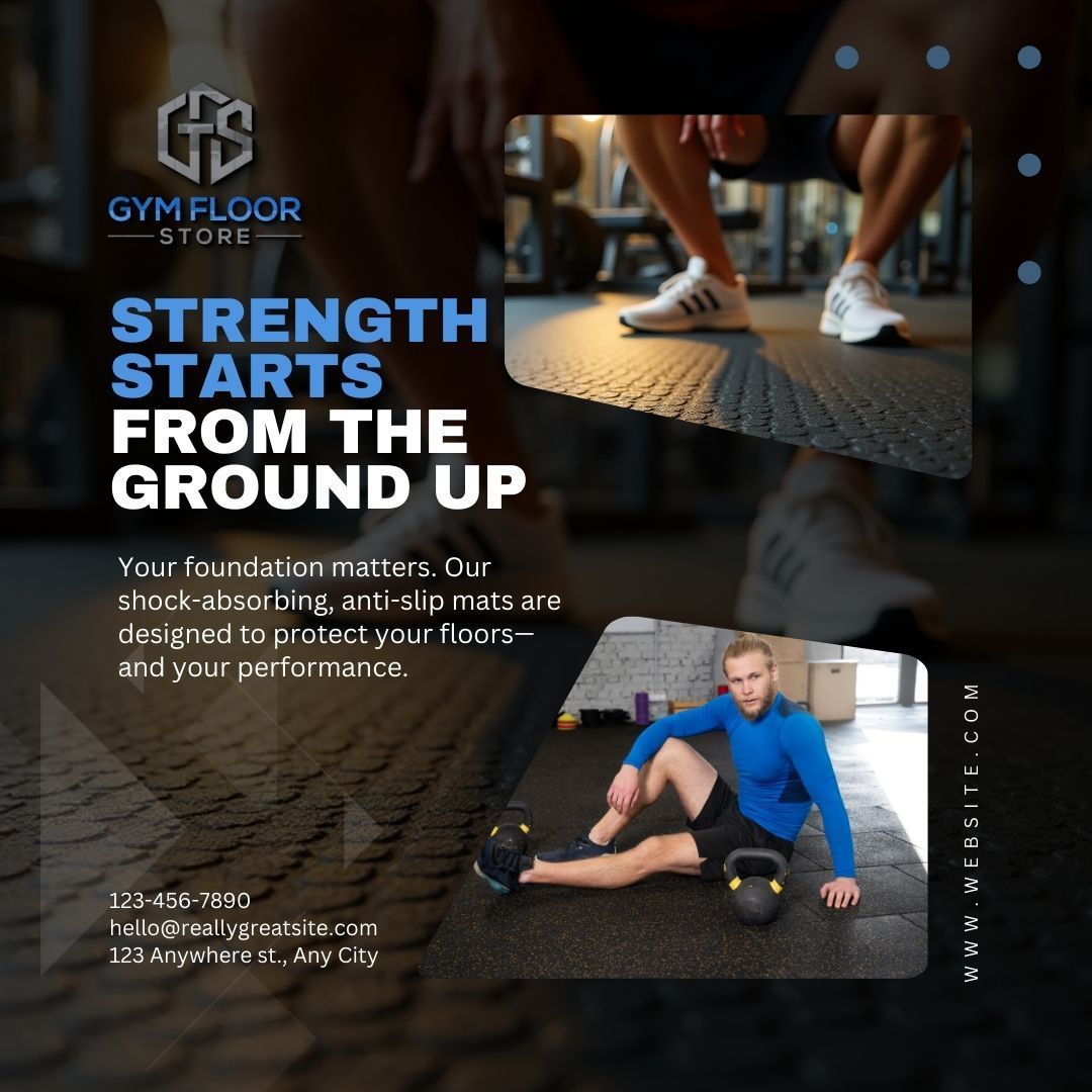 Gym floor ad: athletes on gym mats, text