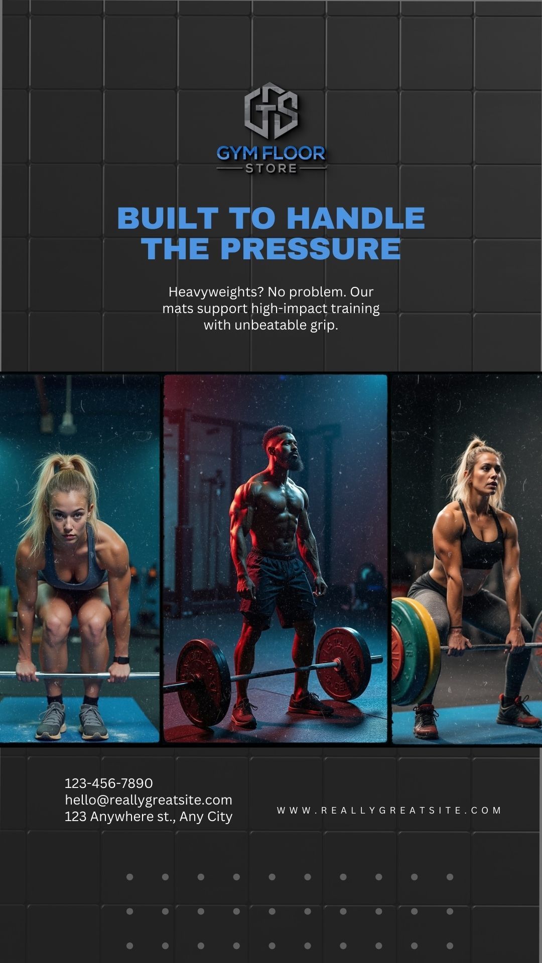 Three weightlifters, black and blue background. Text reads