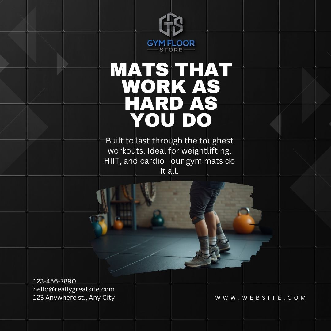 Gym floor advertisement featuring mats. Man standing in gym, text reads