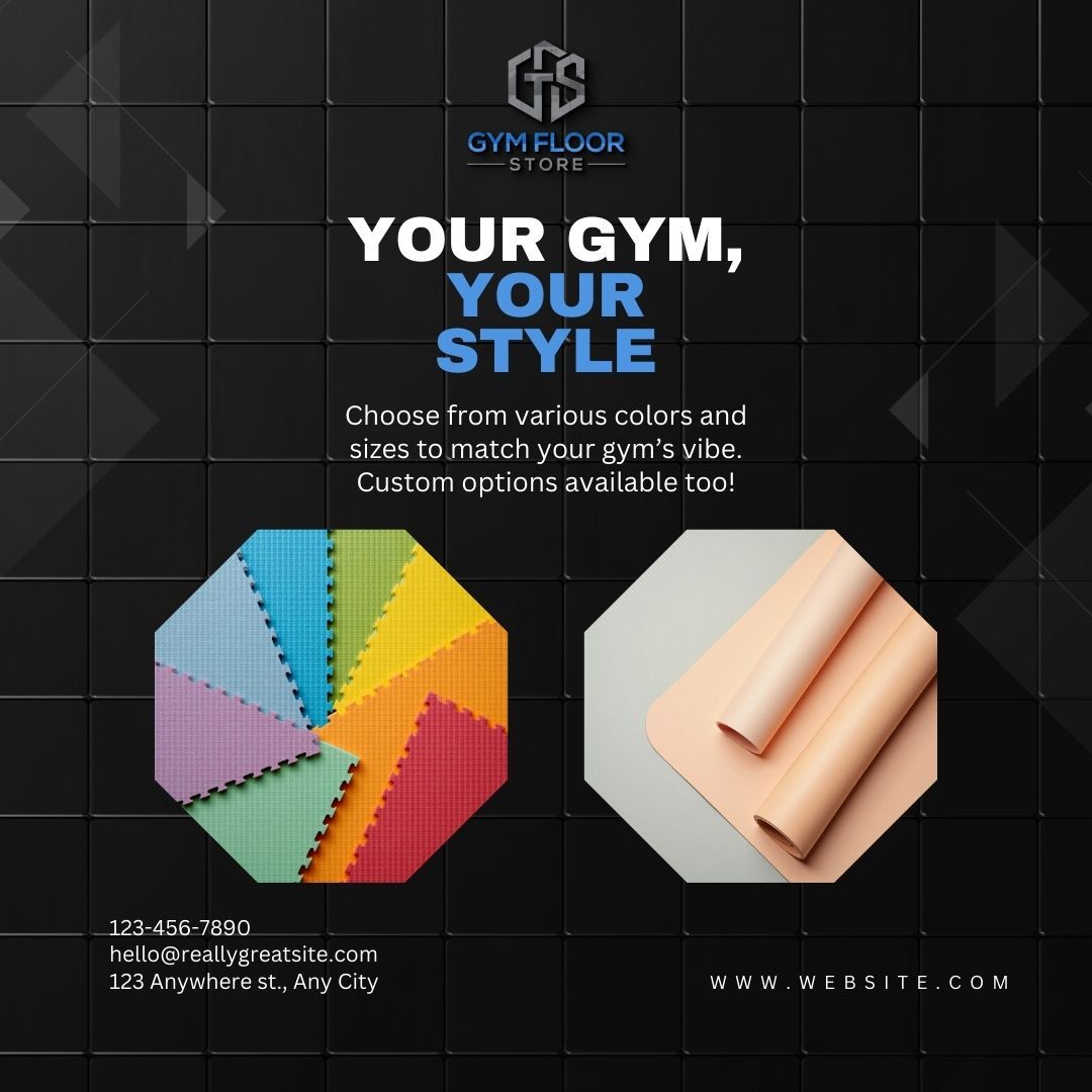 Advertisement for gym flooring, with colorful and neutral options, on a black tile background.