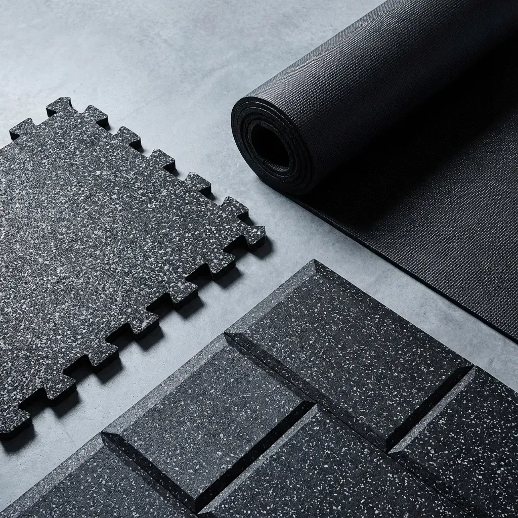 Black rubber gym flooring: interlocking tiles, rolled mat, and patterned squares.