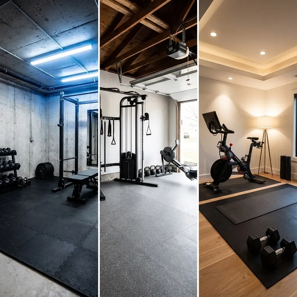 Three home gyms: modern concrete, garage with exposed beams, and a well-lit space with a Peloton bike.