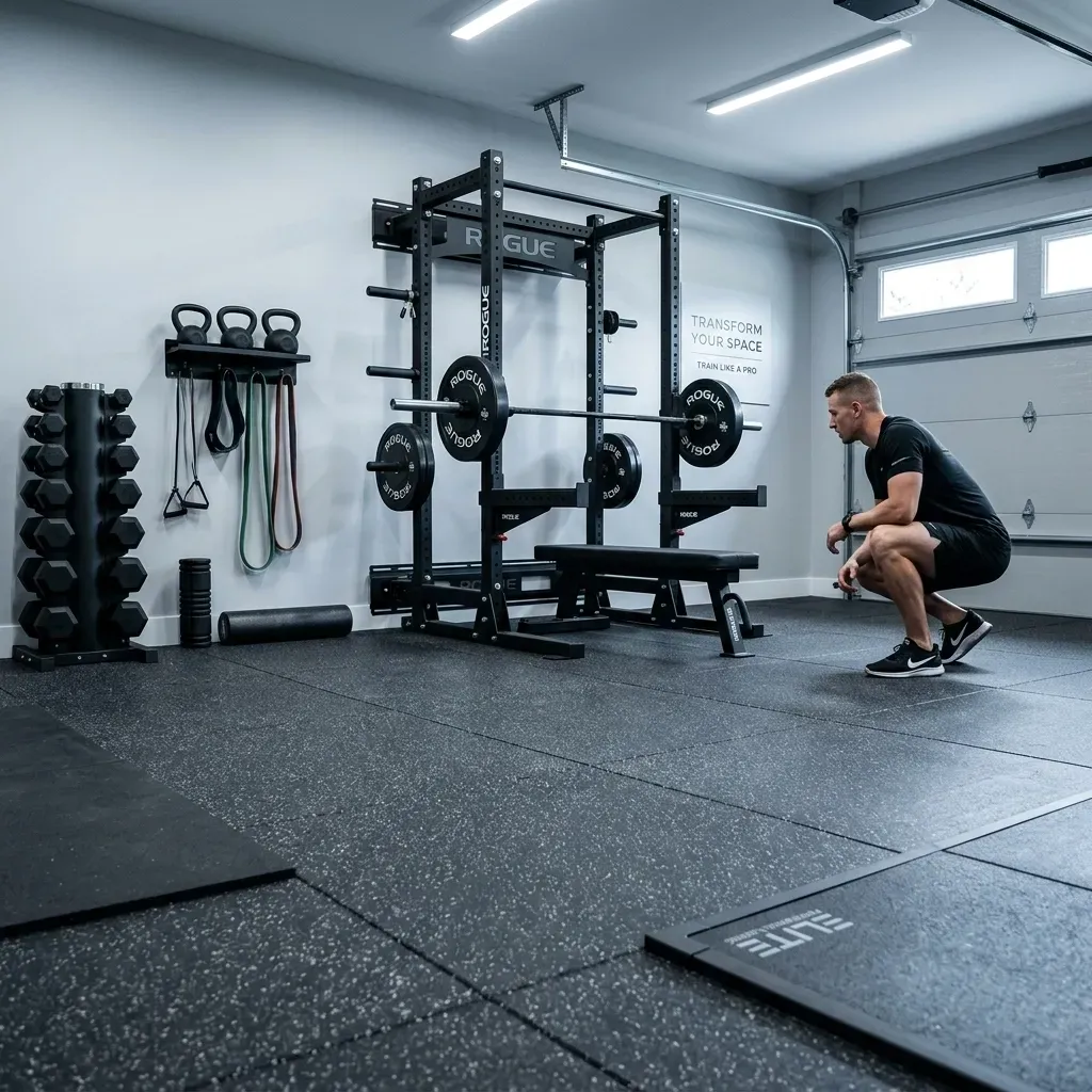 A person crouching in a home gym featuring a black power rack, barbell, dumbbell rack, and rubber floor mats.