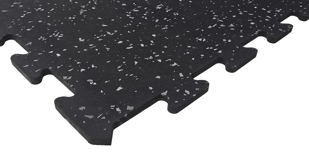 Black interlocking rubber floor mats on a white background.