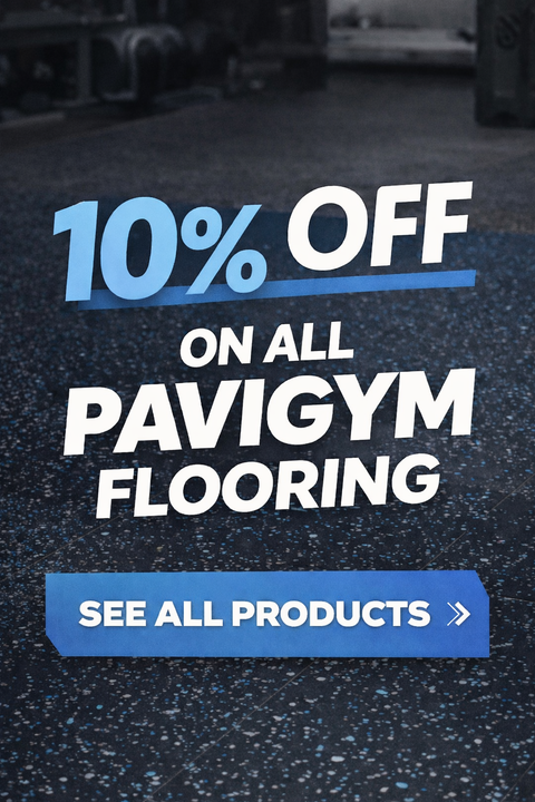 10% off PaviGym flooring, person in gym setting. Text over blue flooring: