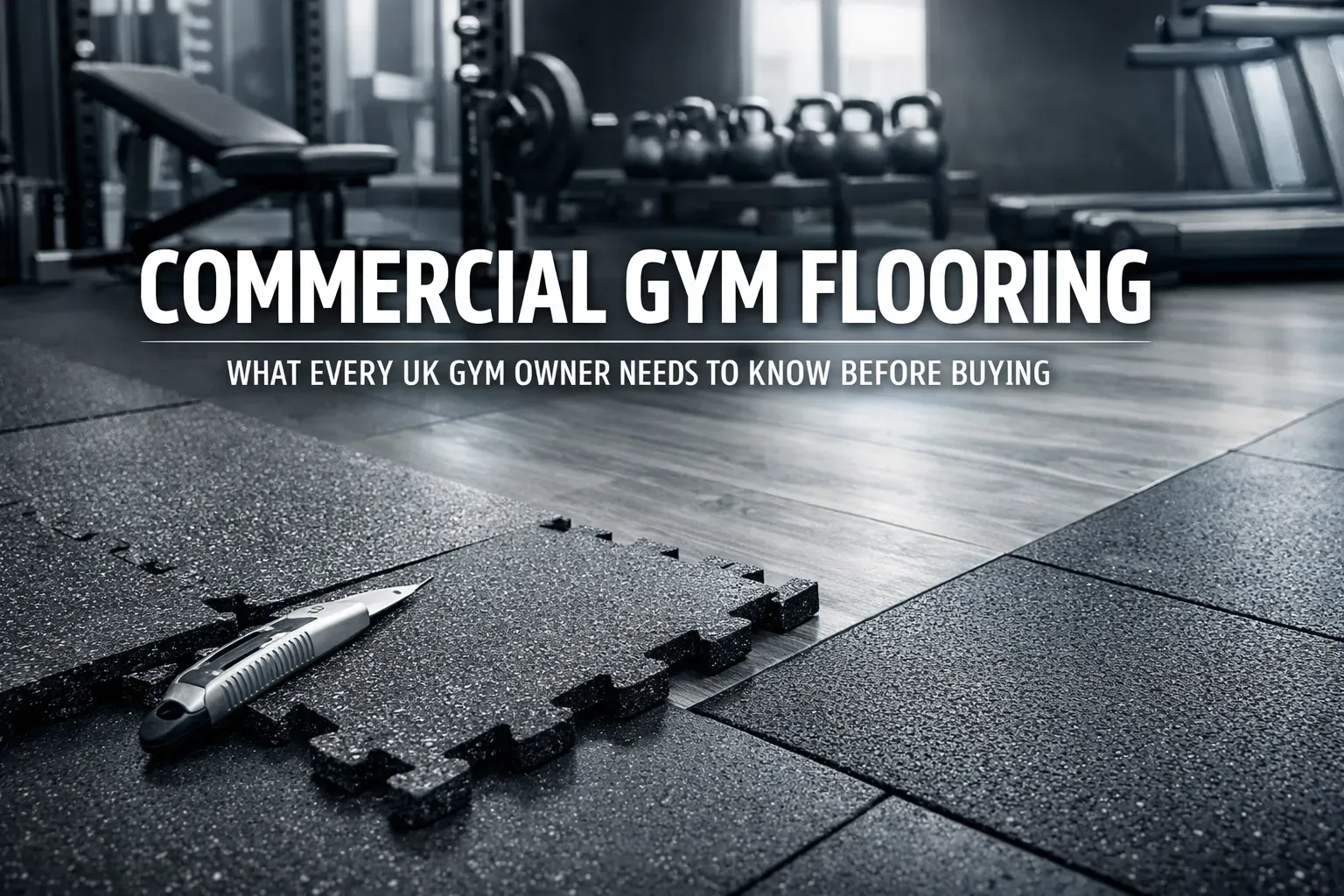 Commercial gym flooring ad: dark gym interior, rubber tiles on the floor. Text reads 