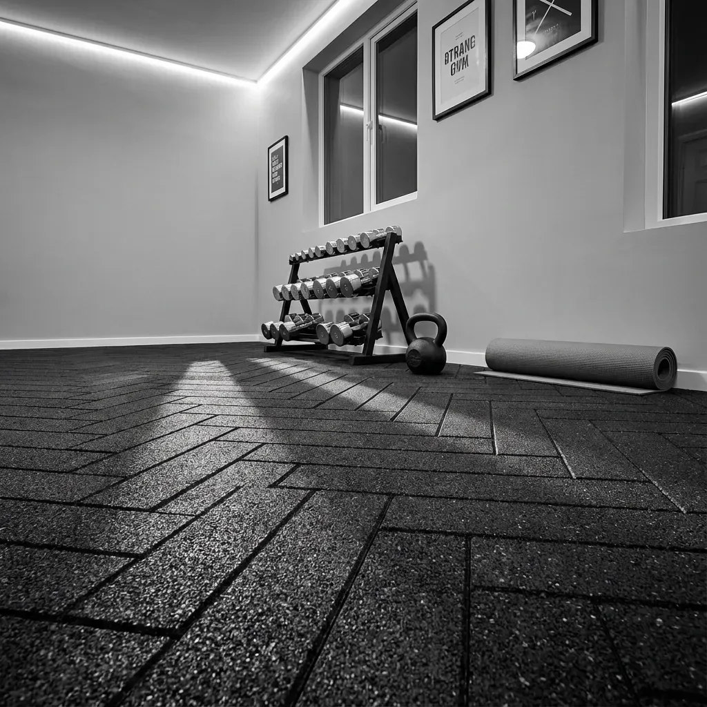 Black and white shot of a home gym with dumbbell rack, kettlebell, exercise mat, and rubber flooring.