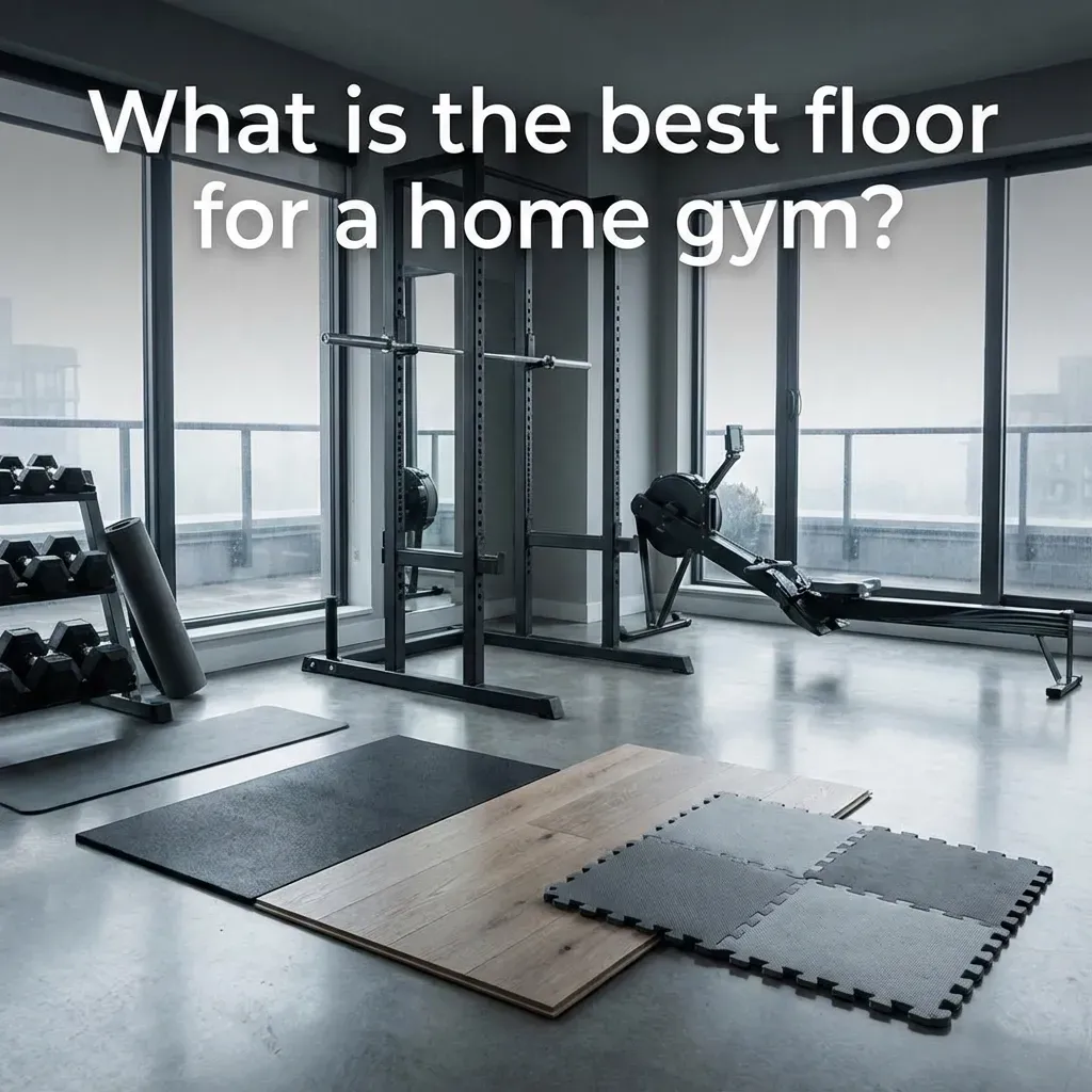 Home gym with exercise equipment and examples of flooring.