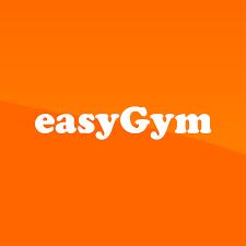 The easyGym logo features white, lowercase, bold text on a vibrant orange square background.