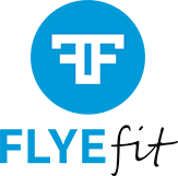 Logo for Flyefit consisting of a blue circle containing a white stylized 