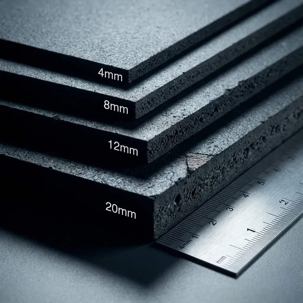 Four black foam sheets of varying thicknesses with a ruler for measurement.