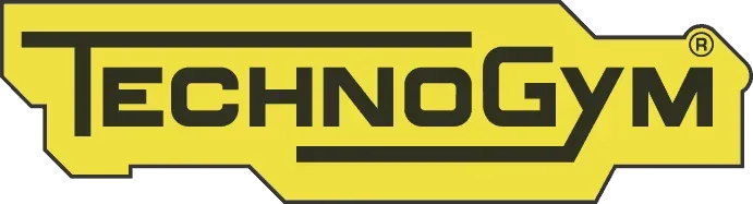 The Technogym logo, featuring black text on a yellow, angular background.