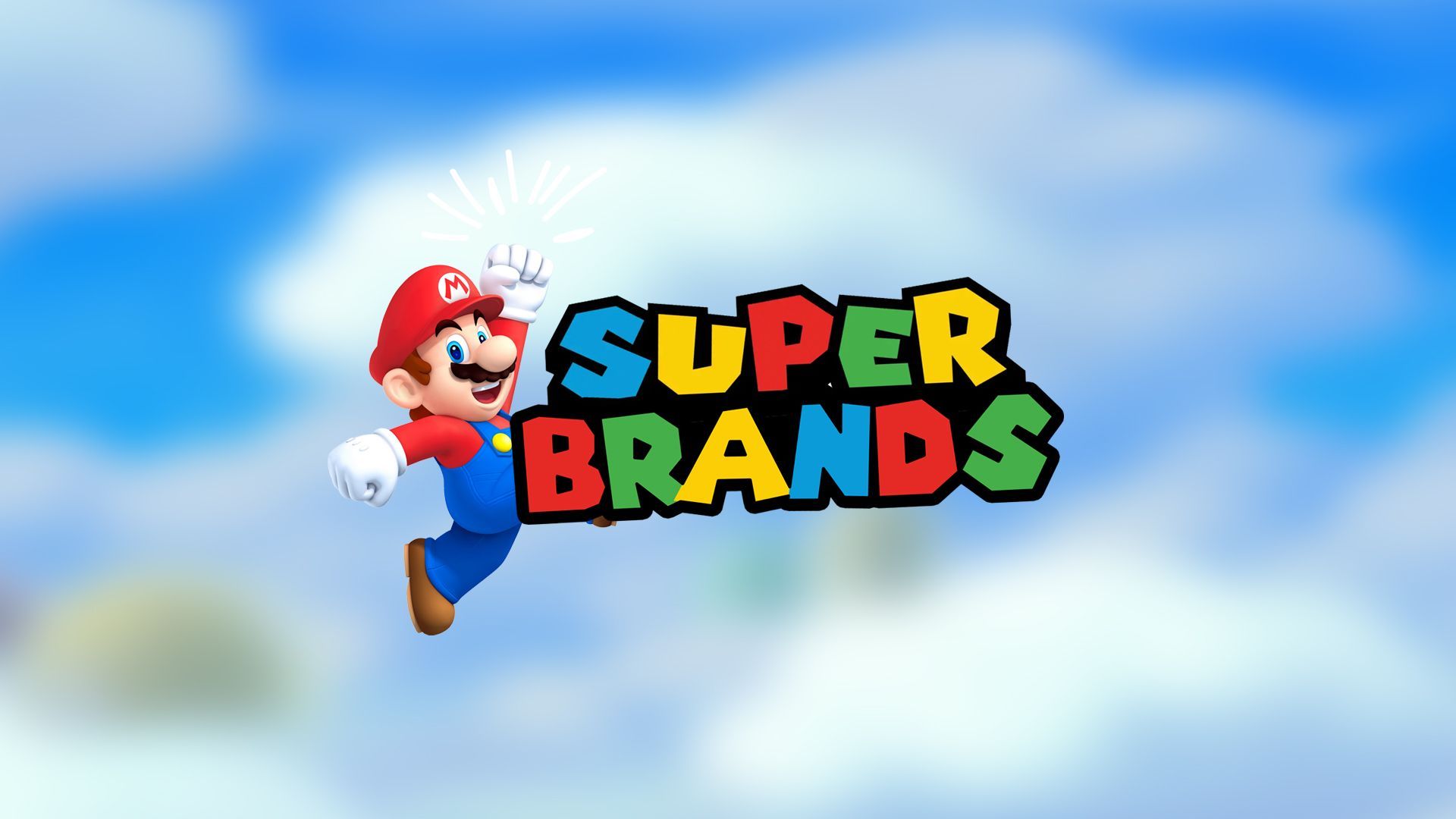 Mario is flying through the air with the words super brands behind him.
