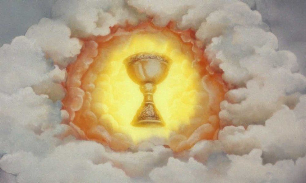 A painting of a chalice in the clouds