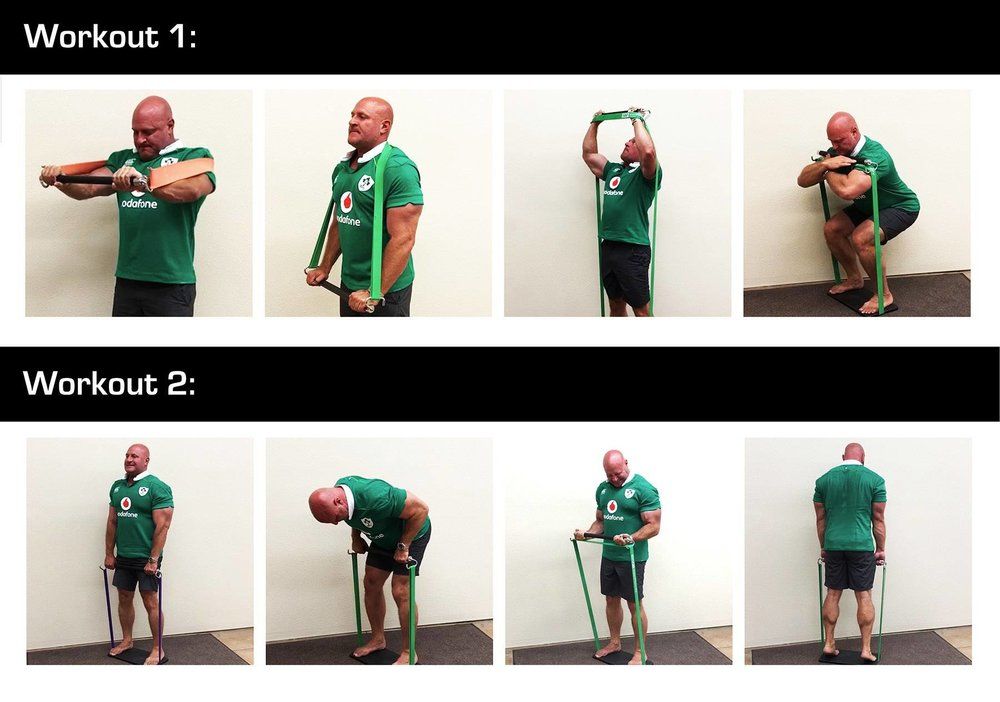 A man in a green shirt is doing exercises with a resistance band