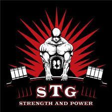 A muscular man is lifting a barbell in a logo for a gym.