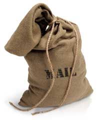 A brown bag with the word mail on it is sitting on a white surface.