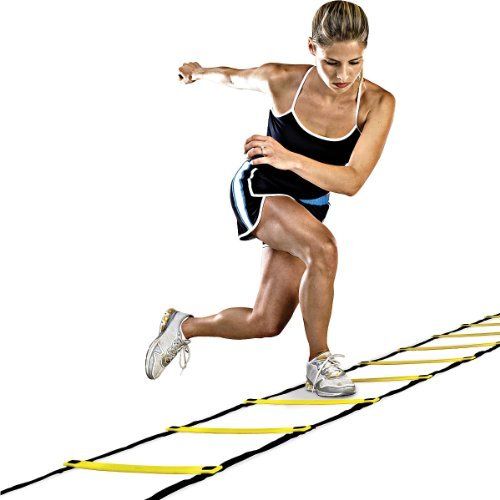 A woman is running on a ladder on a white background.