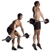 A man is squatting down while holding a barbell.