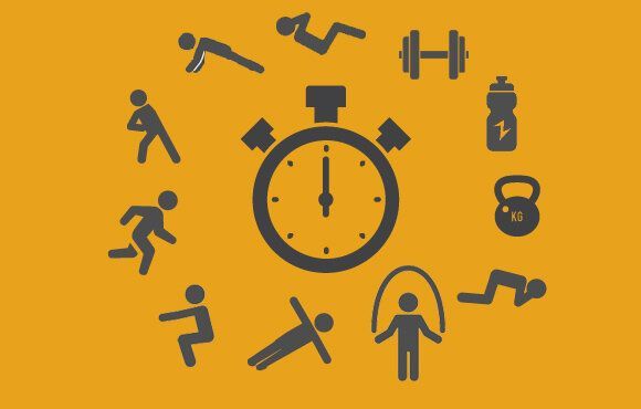 A stopwatch is surrounded by a bunch of exercise icons on a yellow background.