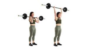 A woman is lifting a barbell over her head.