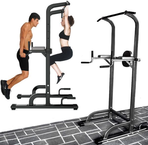 A man and a woman are doing dips on a pull up bar