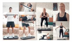 A collage of people doing different exercises on a vibration plate.