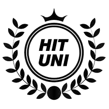 A black and white logo for hit uni with a crown and laurel wreath.
