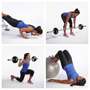 A woman is doing different exercises with a barbell