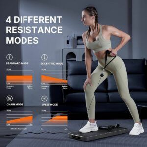 A woman is standing on a treadmill with four different resistance modes.