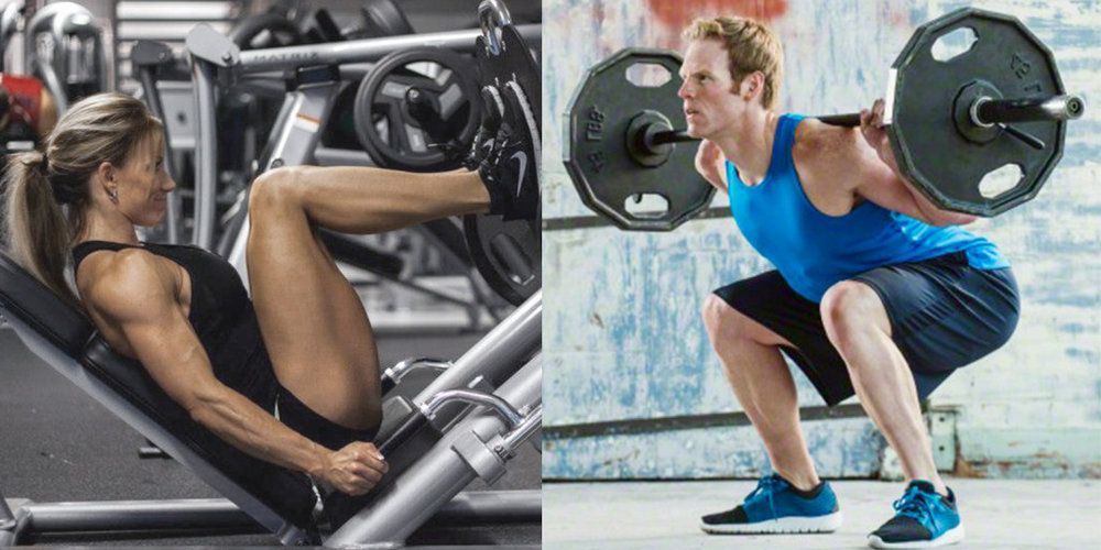 A woman is doing leg press and a man is squatting with a barbell.