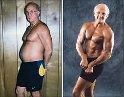 Two pictures of an older man before and after losing weight.